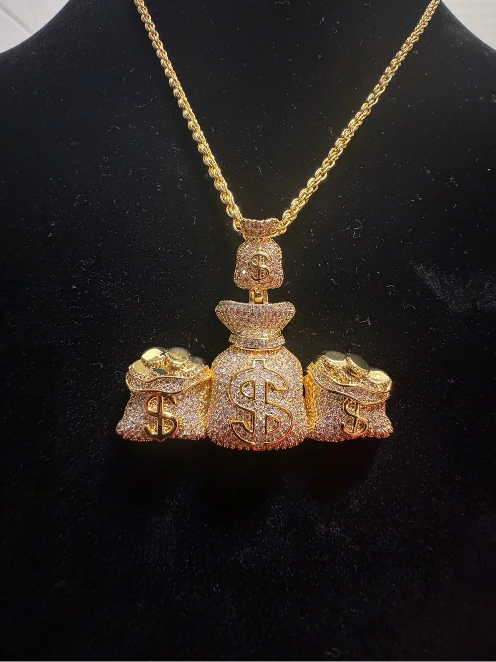 Triple Money Bags Pendant – Full Moissanite | 14K Gold Plated